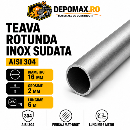 Teava rotunda inox sudata AISI 304, 16 x 2 mm, 6 metri